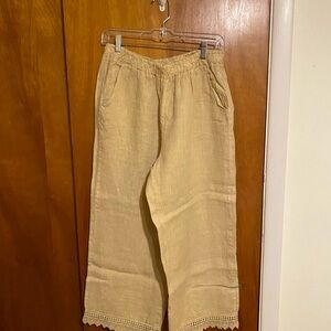 Francesca Bettini Women’s (L) Mustard Color Linen Wide Leg Pants w/Crochet Hem